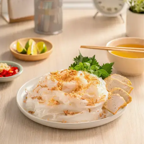 Bánh Cuốn Nóng Thịt Băm Mộc Nhĩ Kèm Chả Lụa
